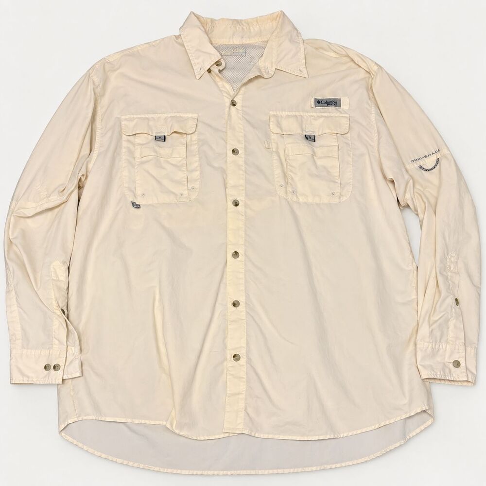 Columbia PFG Omni-Shade Long Sleeve Fishing Shirt Ivory Nylon Vented